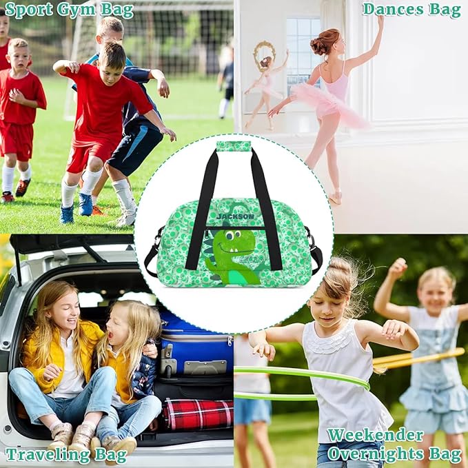 Personalized Duffel Bag for Kids Girls Boys, Dinosaur Custom Name Gym Bag Overnight with Padded Handles Carry On Weekend Sports Travel Bag for School Practice Gymnastics Ballet