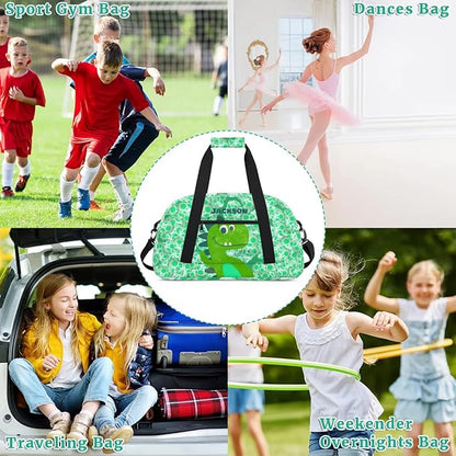 Personalized Duffel Bag for Kids Girls Boys, Dinosaur Custom Name Gym Bag Overnight with Padded Handles Carry On Weekend Sports Travel Bag for School Practice Gymnastics Ballet