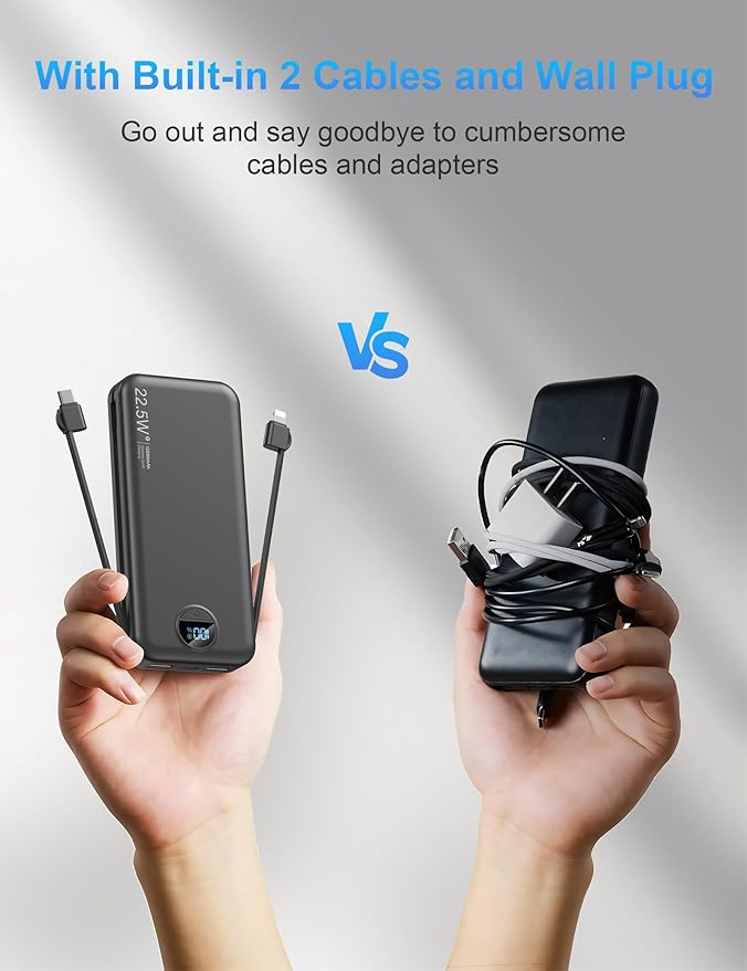 Portable Charger with Wall Plug, 12000mAh USB C Power Bank Fast Charging, External Battery Pack with Built in Cables, Digital Display, 5 Output 4 Input for iPhone Android Cell Phone Tablet