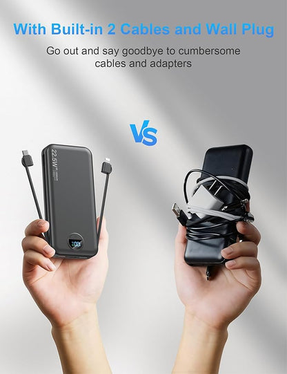 Portable Charger with Wall Plug, 12000mAh USB C Power Bank Fast Charging, External Battery Pack with Built in Cables, Digital Display, 5 Output 4 Input for iPhone Android Cell Phone Tablet