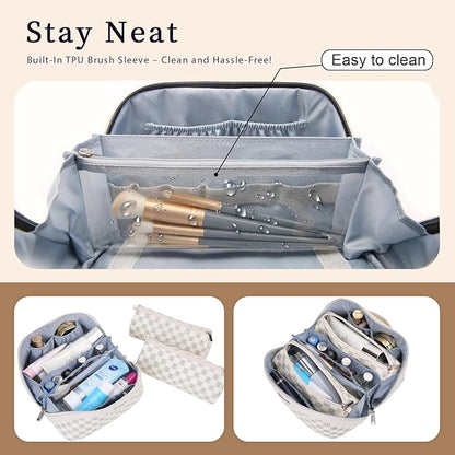 BOYATU Travel Makeup Bag Cosmetic Bags for Women: 3 Pcs Set Portable Make up Bag with Handle - Vegan Leather Toiletry Bags with Compartments - Makeup Organizer for Travel Essentials (C-3-White)