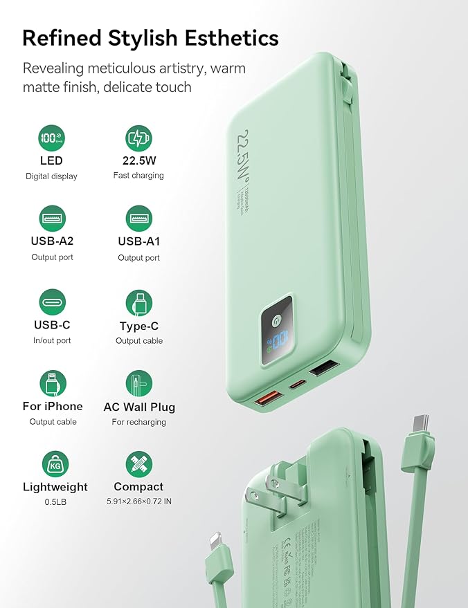 Portable Charger, 12000mAh 22.5W Fast Charging Power Bank with Built-in Cables & Wall Plug, Travel Essentials Battery Pack with LED Display, USB C External Battery Bank for iPhone iPad, Samsung Green