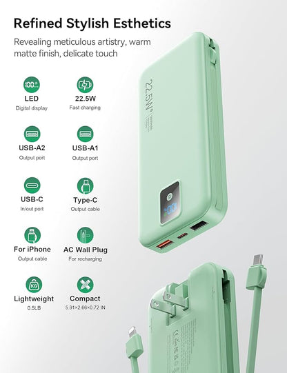 Portable Charger, 12000mAh 22.5W Fast Charging Power Bank with Built-in Cables & Wall Plug, Travel Essentials Battery Pack with LED Display, USB C External Battery Bank for iPhone iPad, Samsung Green