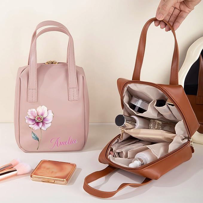 callie Personalized Makeup Bag - Custom Name & Birth Flower, Leather Cosmetic Organizer Travel Bag with Double Zippers & Handle, Birthday Christmas Gift for Women