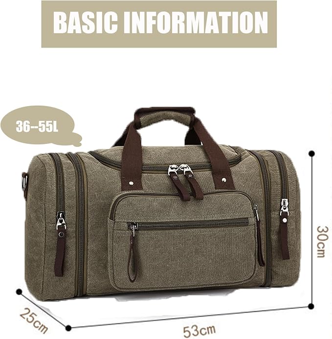 Travel bag large capacity men's luggage bag, expandable canvas leather 55 liters large capacity weekend hiking waterproof(green)