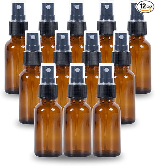 2oz Glass Spray Bottle, Fine Mist Boston Glass Bottles with Black Fine Mist Sprayer Small Clear Bottles for Essential Oils, Bath, Beauty, Hair & Cleaning, Amber, Pack of 12
