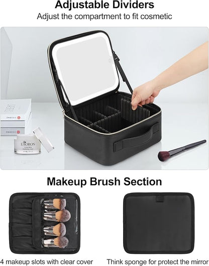 Chomeiu Makeup Bag with LED Mirror, Travel Makeup Case for Women and Makeup Artists Cosmetic Organizer Large Make Up Bags with Light Up Mirror, 3 Color Lights, Adjustable Dividers and Brush Holder