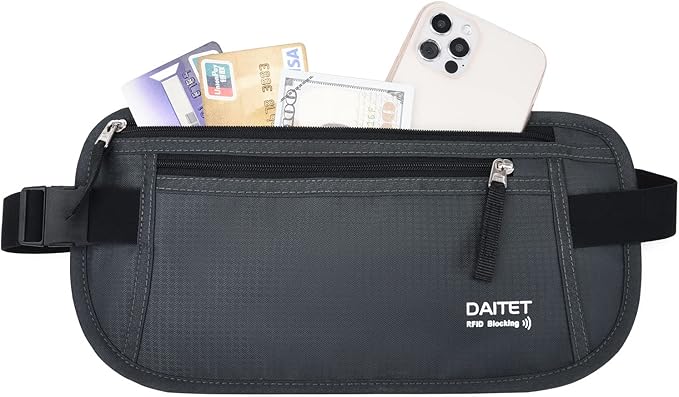 RFID Blocking Money Belt for Men Women, Slim Fanny Pack for Travel，Running,Conceal Waist Wallet for Passport Holder,Phone,Cash(Dark Grey)