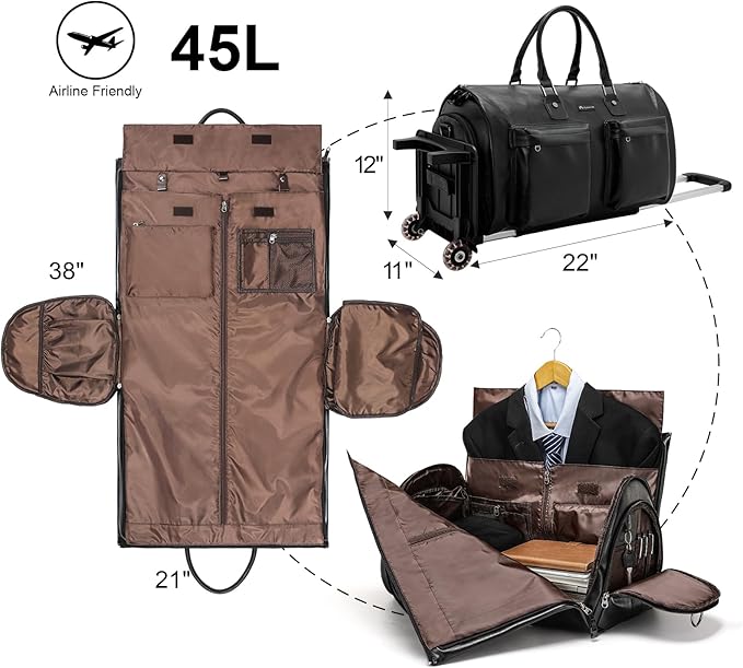 Modoker Rolling Garment Bag for Travel Wheeled Duffel Bag Luggage Suit Travel Bags for Men and Women,3 in 1 Carry on Convertible Garment Bag with Wheels,Black