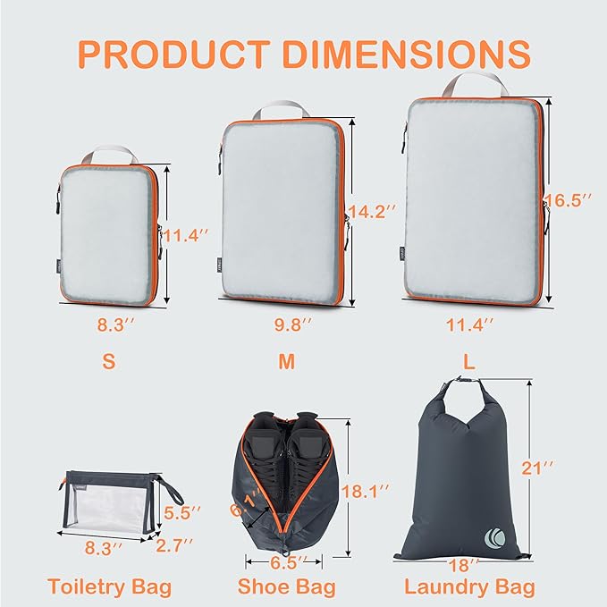 Cipway Compression Packing Cubes Mesh, Lightweight Luggage Organizer Bags with Laundry Bag, Toiletries Bag and Shoe Bag, Travel Essentials for Carry on Suitcase（8 Pcs,Grey）