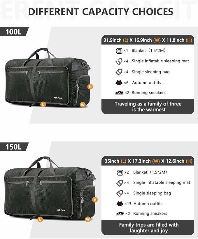 Gonex 40L 60L 80L 100L 150L Large Foldable Travel Duffle Bag with Shoes Compartment, Packable Lightweight Water Repellent Duffel Bag for Camping Gym Weekender Bag