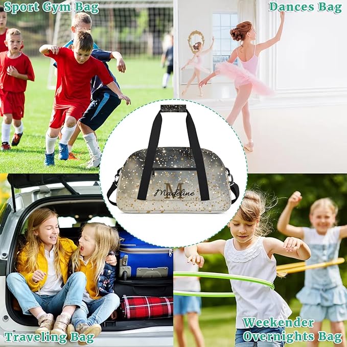 Personalized Kids Sports Duffel Bag with Name Custom Weekender Overnight Bag for Boys Girls Gym Bag Travel Dance Gymnastics Duffel Bag, Black Glitter Yellow Shiny