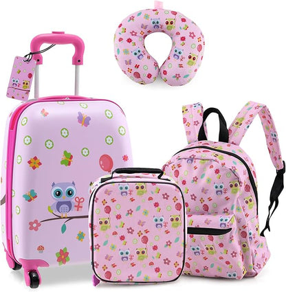 KOTEK Kids Luggage, 5 Piece Suitcase Set, 16” Hardside Spinner Luggage with Wheels, Toddler Carry on Luggage Airline Approved, Travel Rolling Suitcase for Boys Girls (Pink Owl)