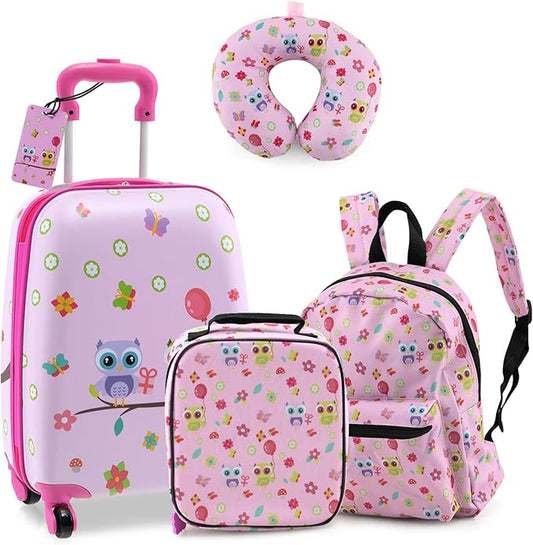 KOTEK Kids Luggage, 5 Piece Suitcase Set, 16” Hardside Spinner Luggage with Wheels, Toddler Carry on Luggage Airline Approved, Travel Rolling Suitcase for Boys Girls (Pink Owl)