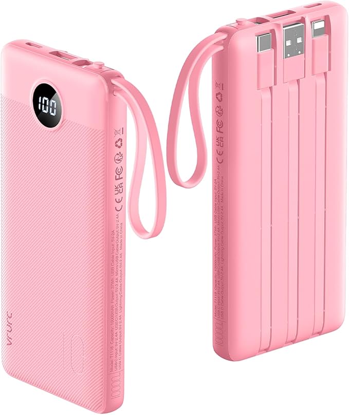 VRURC Portable Phone Charger, Travel Portable Charger with 4 Cables, 5 Outputs 2 Inputs Slim USB C Power Bank, Built-in Cables Cords for iPhone 17 16 15 14 13,Samsung,Android-Barbie Pink(1 Pack)