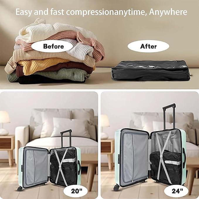 Vacuum Compression Travel Bag, Waterproof Zipper, Space Saver Packing Cube with One-Way Valve & Handle, Durable TPU Polyester Material, for Luggage & Backpack (2 bag 1 pump)