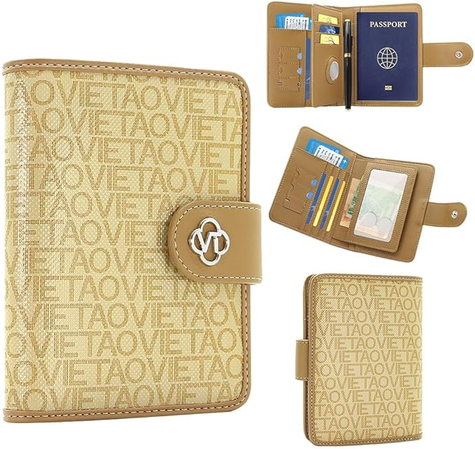 Passport Holder Wallet Bag with AirTag Holder, Card Slots and Passport Solt Ticket Cash Solt, Photo Solt Sim Card Pen Slot.Apricot