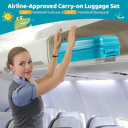 HONEY JOY Kids Luggage, Travel Backpack & Hard Shell Toddler Suitcase, Children Rolling Luggage with Wheels, Retractable Handle & 4 Casters, 2Pcs Carry On Luggage Set for Boys Girls(Green Dinosaur)