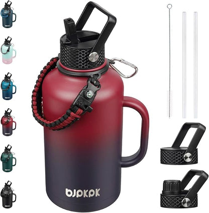 BJPKPK Half Gallon Insulated Water Bottles with Straw Lid & Side Handle, 50oz, 64oz, 87oz, 128oz Large, Stainless Steel Water Bottles with 3 Lids and Paracord Strap, Metal Water Jug,Charming Red