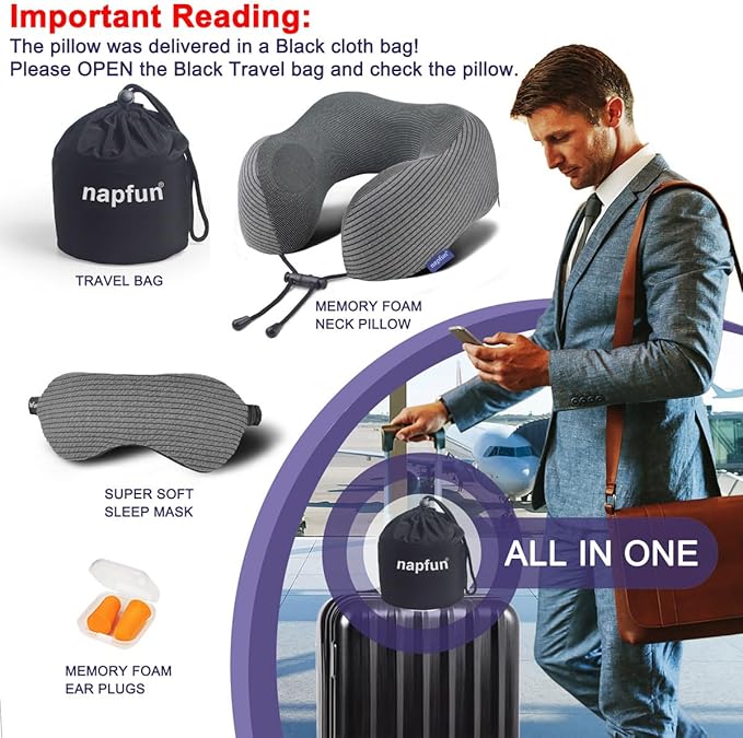 napfun Neck Pillow for Traveling, Upgraded Travel Neck Pillow for Airplane 100% Pure Memory Foam Travel Pillow for Flight Headrest Sleep, Portable Plane Accessories, Luxury Sets (Optional), Dark Grey