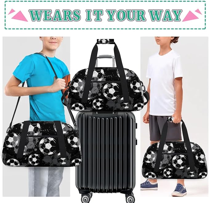 Black Football Kids Duffel Bag for Boys, Soccer Sports Gym Bag Overnight Travel Weekender Bag Lightweight Carry On Sleepovers Bag for School Practice Gymnastics