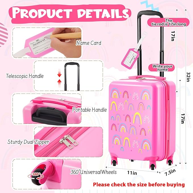 Redbaker 6 Pcs Kids Luggage Set 17 Inch Kids Rolling Luggage Double Pattern Suitcase for Girls Boys School Gift(Dusty Pink,Rainbow Style)