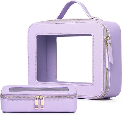 Pinkmik Clear Makeup Bag with Brush Bag 2pcs Waterproof Travel Case for Cosmetics and Toiletries Women's Cosmetic Organizer with Zipper (X/Purple, L+SLIM)