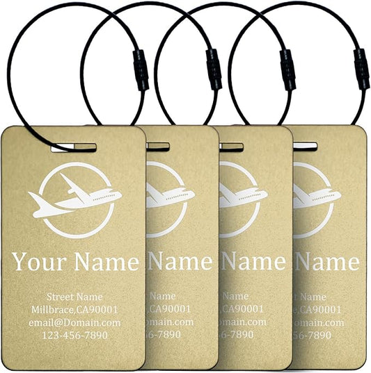 Luggage Tags for suitcases Tags Pack of 4 Personalized Luggage Tags Double Sided Laser Engraving Metal Luggage Tag and Stainless Loops Customizable Luggage Tag Cruise Luggage tag (Gold, Large)