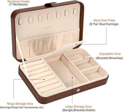LANDICI Small Jewelry Box for Women Girls, PU Leather Travel Jewelry Case, Portable Jewelry Organizer Storage Holder Display for Ring Earrings Necklace Bracelet Bangle Men Kids Gift, Coffee