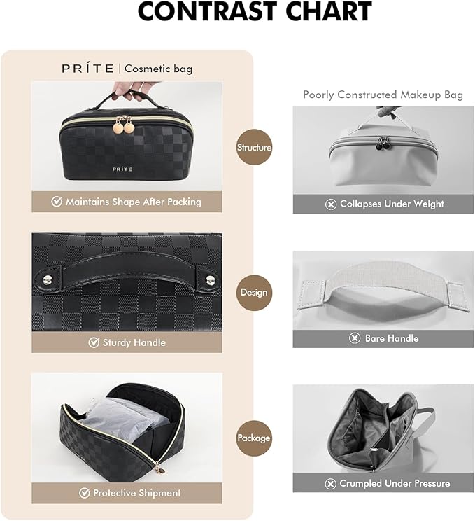 Prite Makeup Bag for Women Travel Waterproof Vegan Leather Cosmetic Bag Open Flat Toiletry Bag With Clear Divider and Handle (Plaid Black)