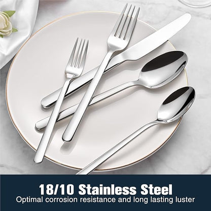 KINGSTONE Forged 30-Piece Silverware Set, 18/10 Stainless Steel Flatware Cutlery Set for 6, Mirror Finish Utensils Set,Dishwasher Safe (Silver)