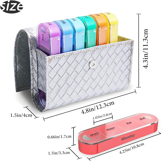Pill Organizer,LIZIMANDU Weekly Travel Pill Case Box Medication Reminder Daily AM PM, Day Night 7 Compartments,for 4 Times A Day, 7 Days a Week-Includes Leather PU Carrying Case(1-Weave Silver)