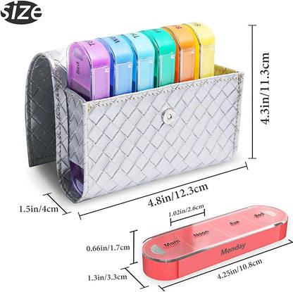 Pill Organizer,LIZIMANDU Weekly Travel Pill Case Box Medication Reminder Daily AM PM, Day Night 7 Compartments,for 4 Times A Day, 7 Days a Week-Includes Leather PU Carrying Case(1-Weave Silver)