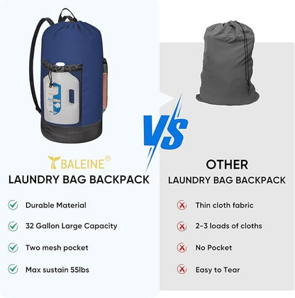 BALEINE 120L Laundry Bag Backpack, 900D Oxford Fabric Large Travel Laundry Bags with Shoulder Straps and 2 Mesh Pockets for College Dorm, Apartment, Laundromat (Navy, 120L)