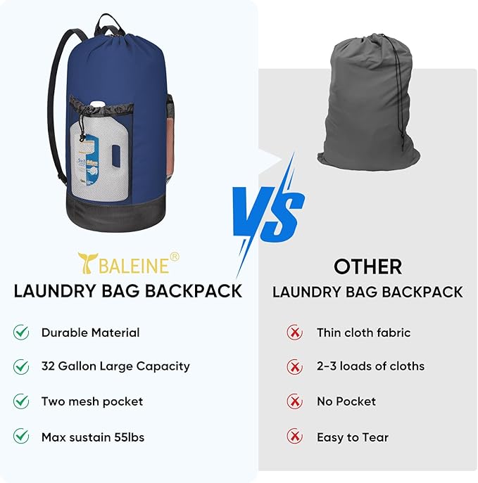 BALEINE 150L Laundry Bag Backpack, 900D Oxford Fabric Large Travel Laundry Bags with Shoulder Straps and 2 Mesh Pockets for College Dorm, Apartment, Laundromat (Navy, 150L)