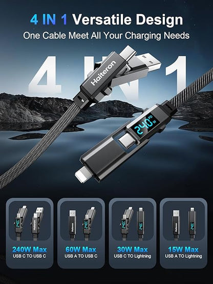 4 in 1 Charging Cable 3FT,240W USB C to USB C Cable Fast Charging Flat Braided iPhone Charger Cord Combo USB A/C to C/L with LED Display, Type C Charging Cord for iPhone 16/15,MacBook,iPad