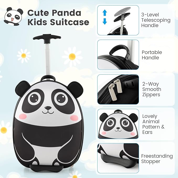 Goplus 2PC Kids Carry On Luggage Set, 16" Rolling Suitcase & 12" Backpack, Airline Approved Travel Trolley Luggage with Wheels for Toddlers Children Girls Boys (Panda)