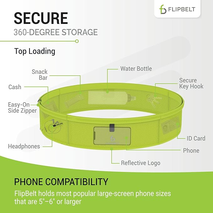 FlipBelt Lightweight Running Air Belt, Fitness and Running Fanny Pack for Women and Men, Non Chafing Waist Band Pack for Phone, Keys, Money, Moisture Wicking Storage Belt, USA Company Neon Yellow
