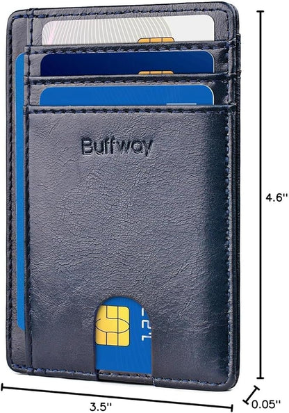 Buffway Slim Minimalist Front Pocket RFID Blocking Leather Wallets for Men and Women - Alaska Blue