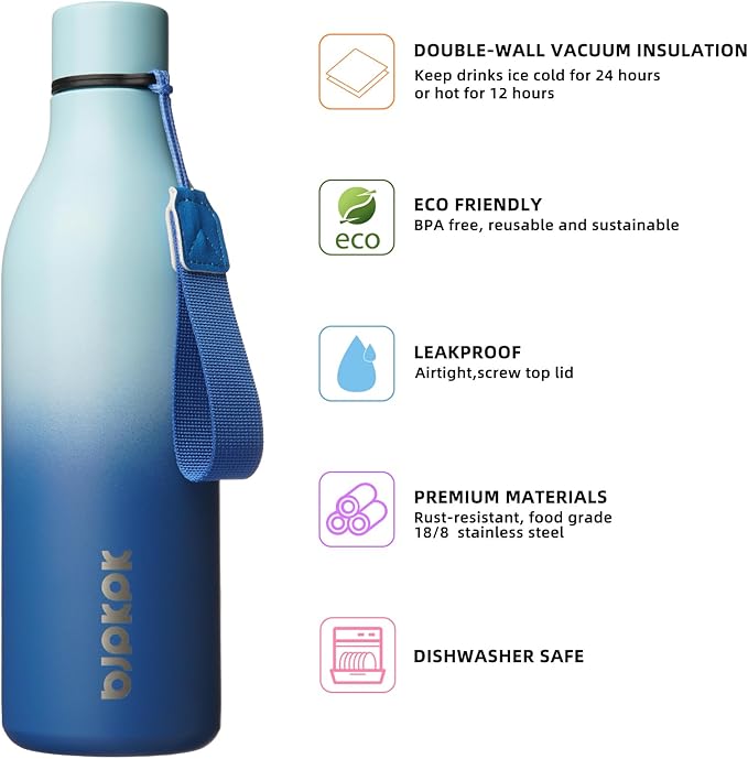 BJPKPK Insulated Water Bottles, 25 oz Stainless Steel Metal Water Bottle with Strap, BPA Free Leak Proof Jugs, Mugs, Flasks, Reusable Thermal Flasks for Sports & Travel, Sky