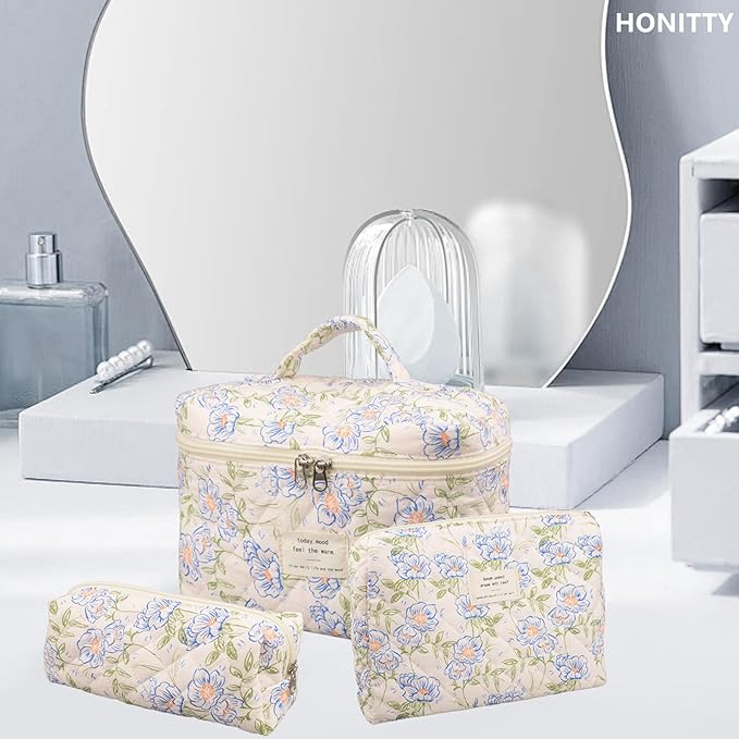 Makeup Bag,Quilted Cosmetic Bags,Large Floral Make Up Organize bag,Makeup Bag Set for Women,Flower Travel Toiletry Bag