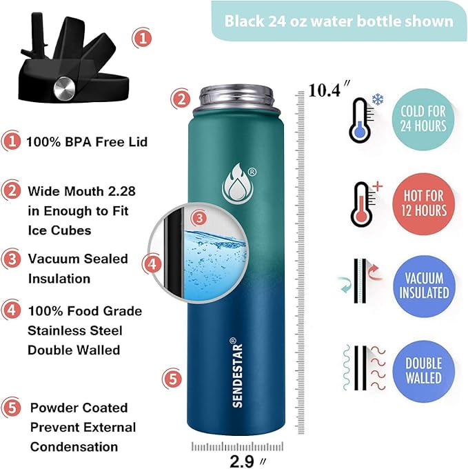 Insulated Water Bottle 24 oz with Straw, Stainless Steel Wide Mouth Water Bottle, Double Wall Vacuum Leak Proof with Straw Lid & Spout Lid for Sports or Office, Keep Cold or Hot Up to 24 Hrs