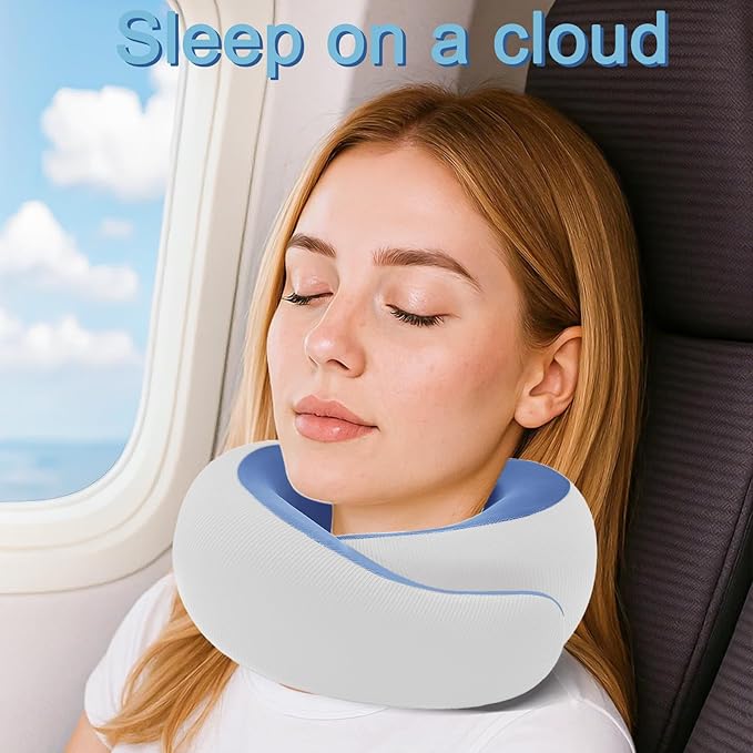 Neck Pillow for Traveling,Travel Neck Pillow for Airplanes,Cooling Fabric,100% Pure Memory Foam,Neck Pain Relief,Ergonomic Support for Long Flight (Small Size)(Blue, Compact Size-(Petite Fit))