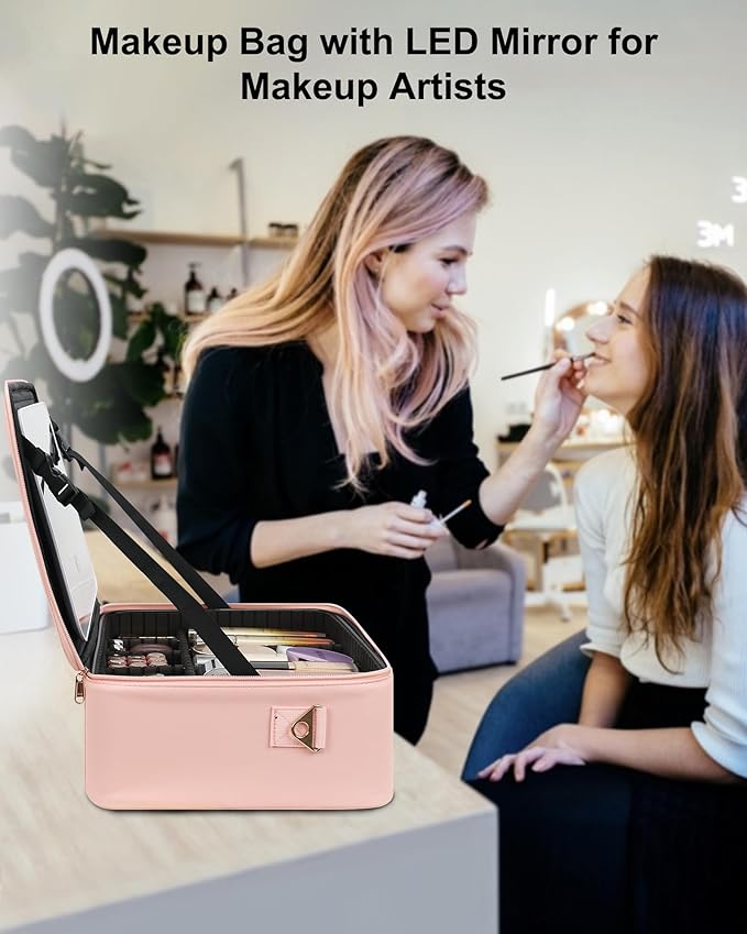 Chomeiu Makeup Bag with LED Mirror, Large Train Case for Makeup Artists, 16.2 inches Travel Professional Cosmetic Organizer with Light Up Mirror, 3 Color Lights, Brush Holder & Shoulder Strap (Pink)