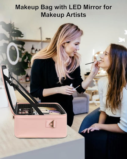 Chomeiu Makeup Bag with LED Mirror, Large Train Case for Makeup Artists, 16.2 inches Travel Professional Cosmetic Organizer with Light Up Mirror, 3 Color Lights, Brush Holder & Shoulder Strap (Pink)