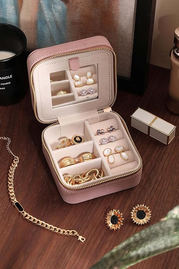 S.Leaf Travel Jewelry Organizer Boxes for Women Small Portable Necklace Earrings Bracelet Rings Travel Case Best Friend Birthday Gifts for Women Trendy (Butterfly_Pink_Gold)