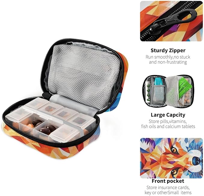 Pill Organizer Box Case Weekly Travel Pill Container Holder 7Day Cute Vitamin Organizer Dispenser Sorter Planner Storage Small Compact Fox Geometric11