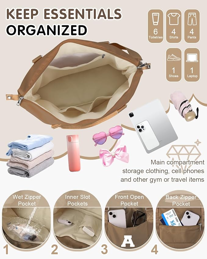 Birthday Graduation Gifts for Daughter,Initial Travel Duffel Bag Sports Gym Bag for Girls Teen Kids Birthday Gifts,Personalized Weekender Bag Carry On Tote Bags Cute Overnight Bag for Women(Brown, A)