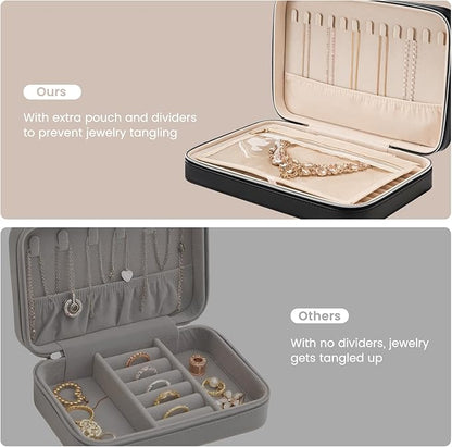 Lolalet Travel Jewelry Case for Women Girls, Travel Jewelry Organizer Box with Mirror & Clear Storage Bag, Small Portable Earring Necklace Bracelet Ring Case, Birthday Christmas Gifts -Large, Black