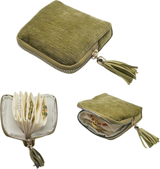 WHSLILR Small Travel Jewelry Case - Jewelry Travel Organizer Bag with Tassel Zipper for Bracelets, Necklaces, Bangles, Jewelry Organizer Storage Bag Gift for Women Girls - LJB001-Olive Green